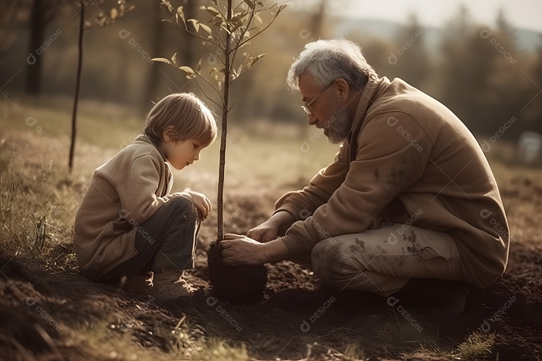 Homem ao lado de seu filho plantando planta sobre uma lavoura