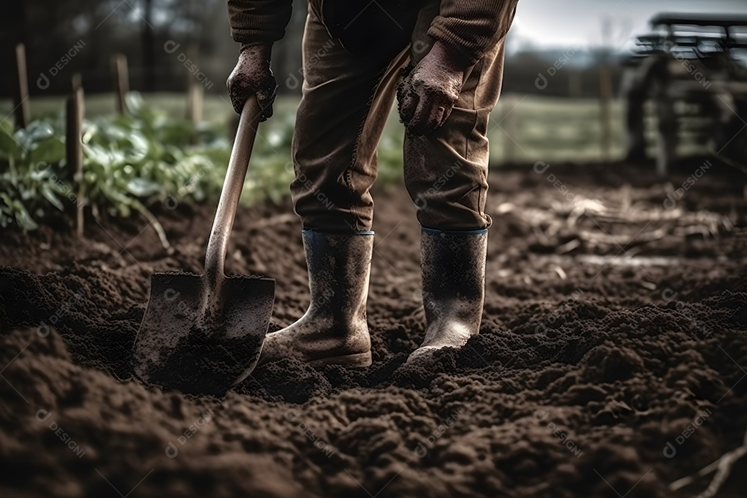 Homem agricultor sobre lavoura