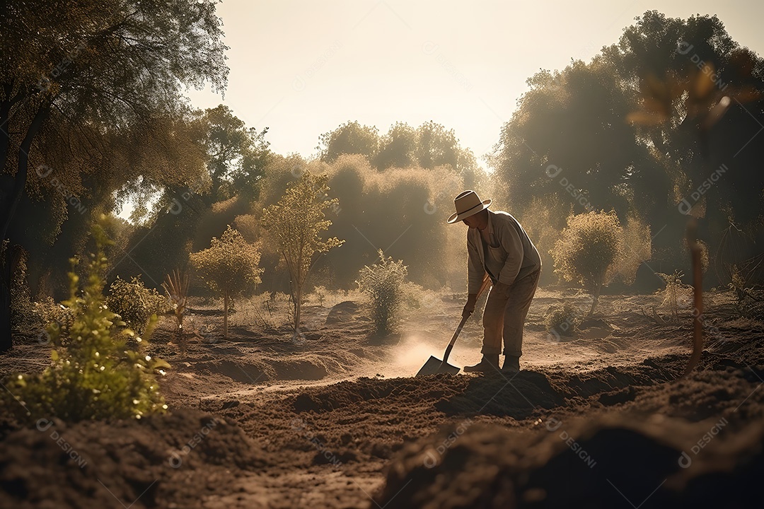 Homem agricultor sobre lavoura