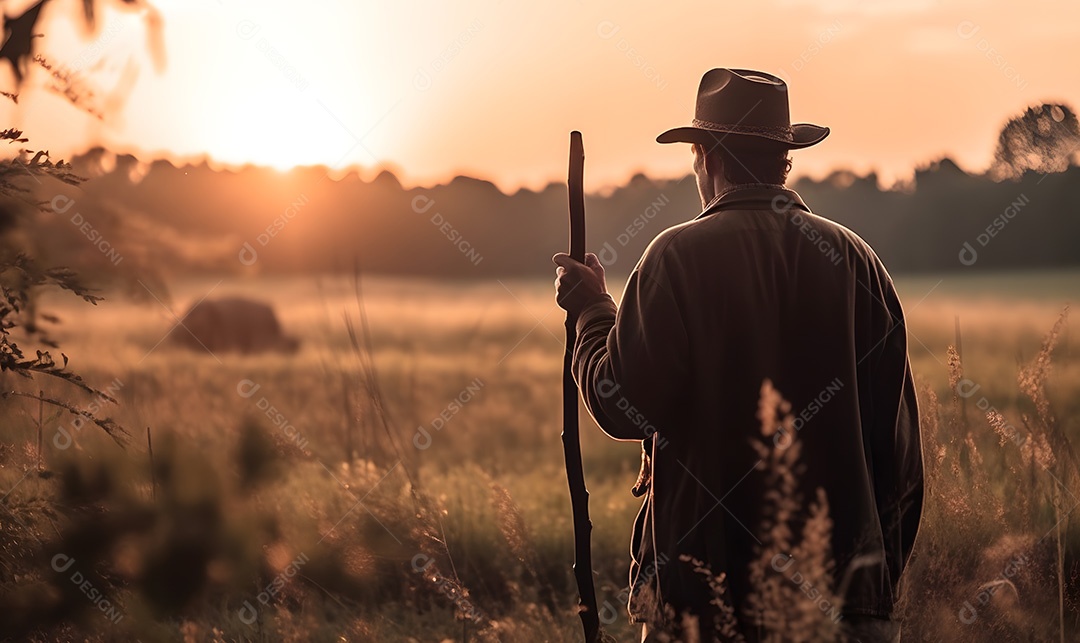 Homem agricultor sobre lavoura