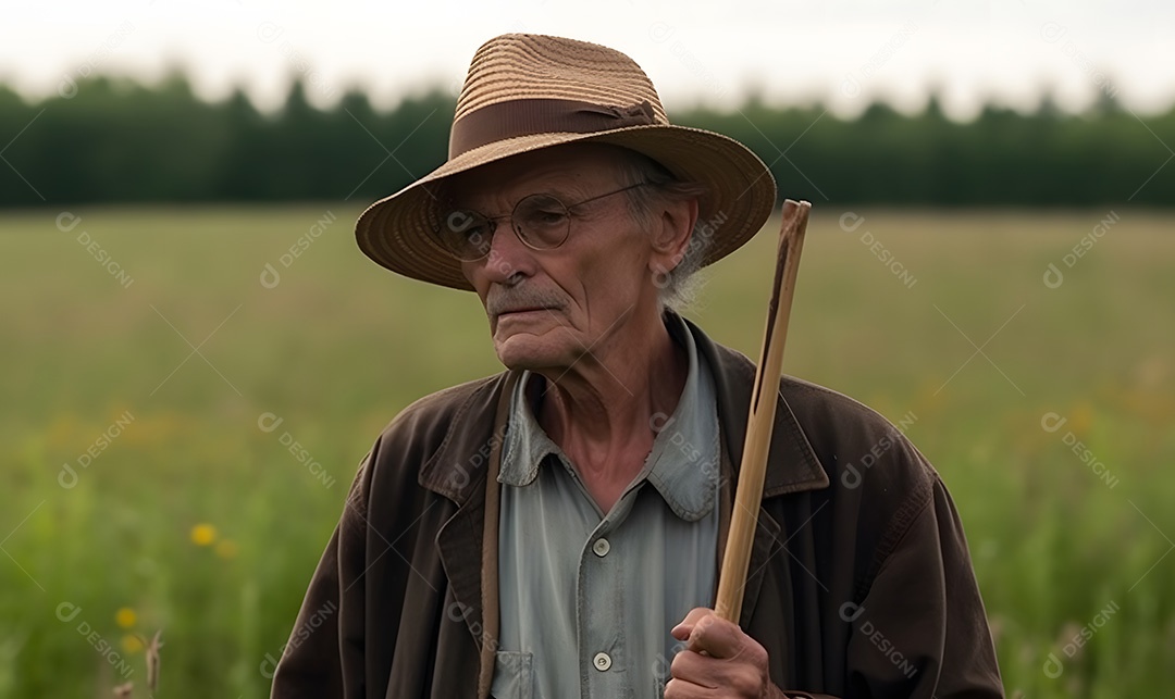 Homem agricultor sobre lavoura