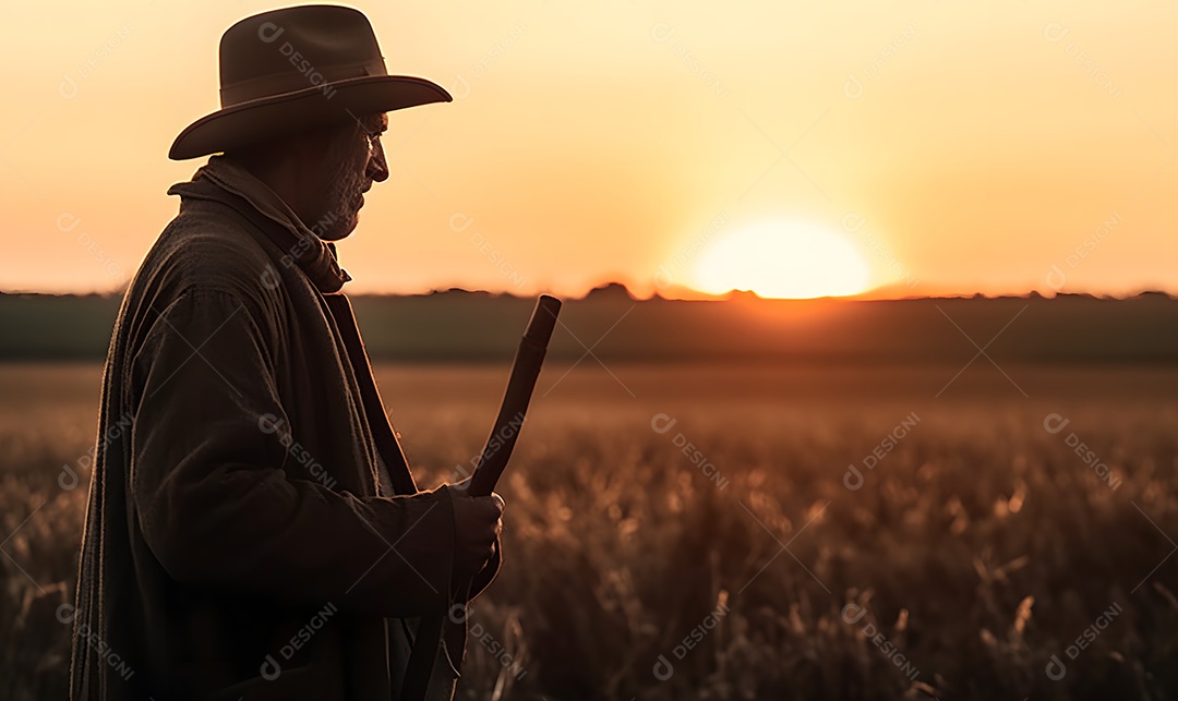 Homem agricultor sobre lavoura