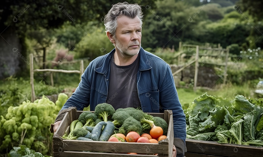 Homem agricultor sobre lavoura