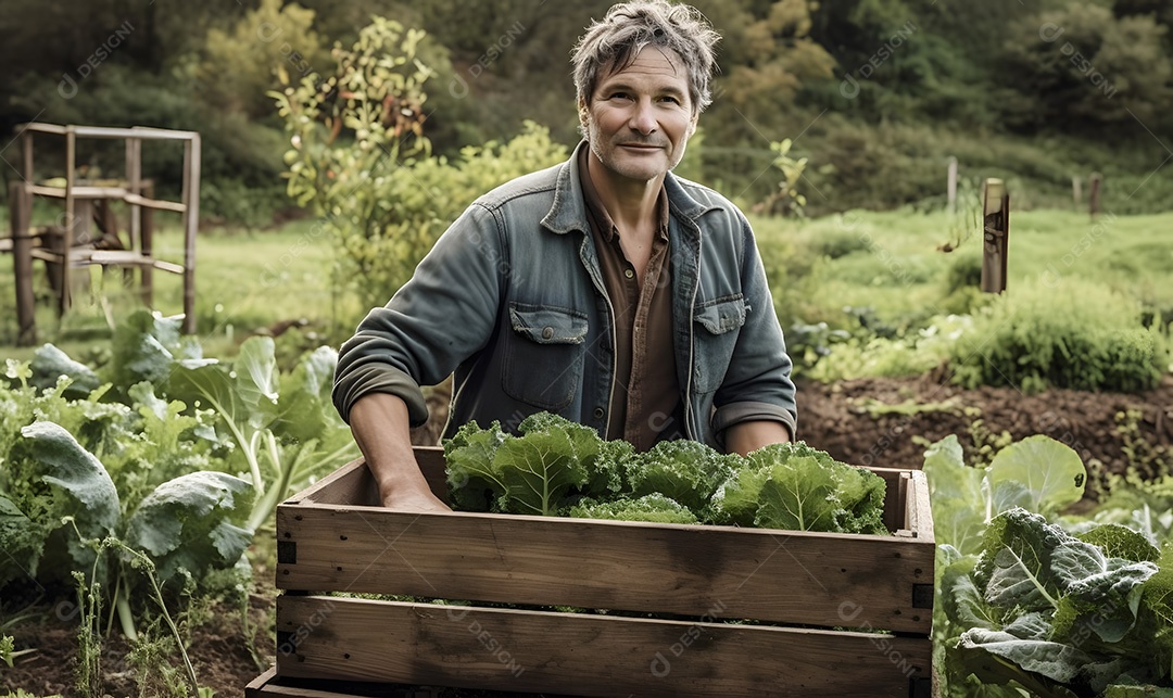 Homem agricultor sobre lavoura