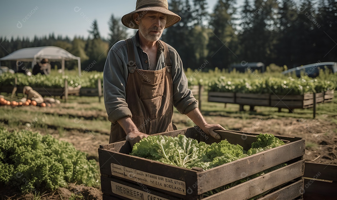 Homem agricultor sobre lavoura