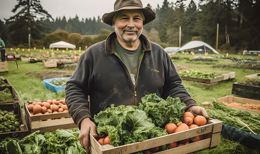 Homem agricultor sobre lavoura