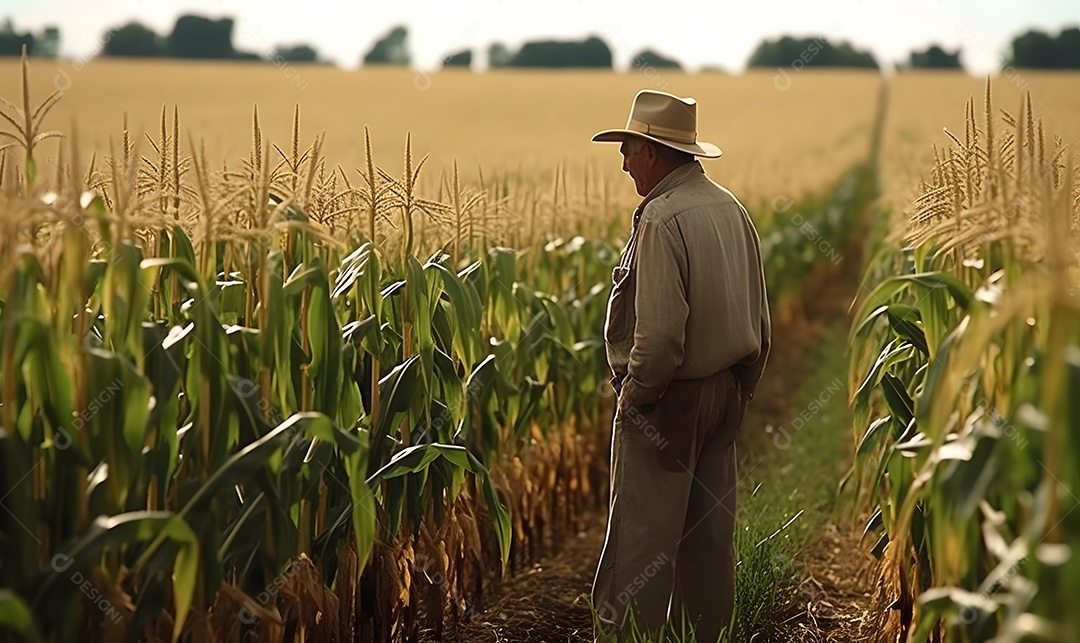 Homem agricultor sobre lavoura