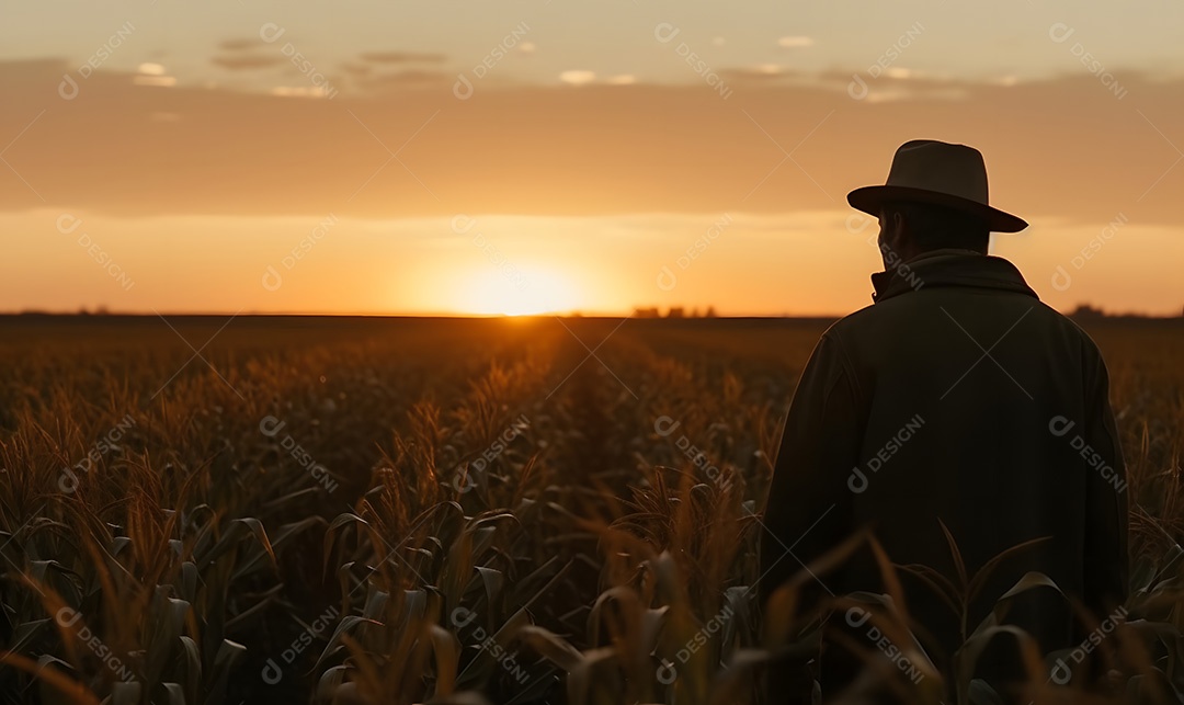 Homem agricultor sobre lavoura