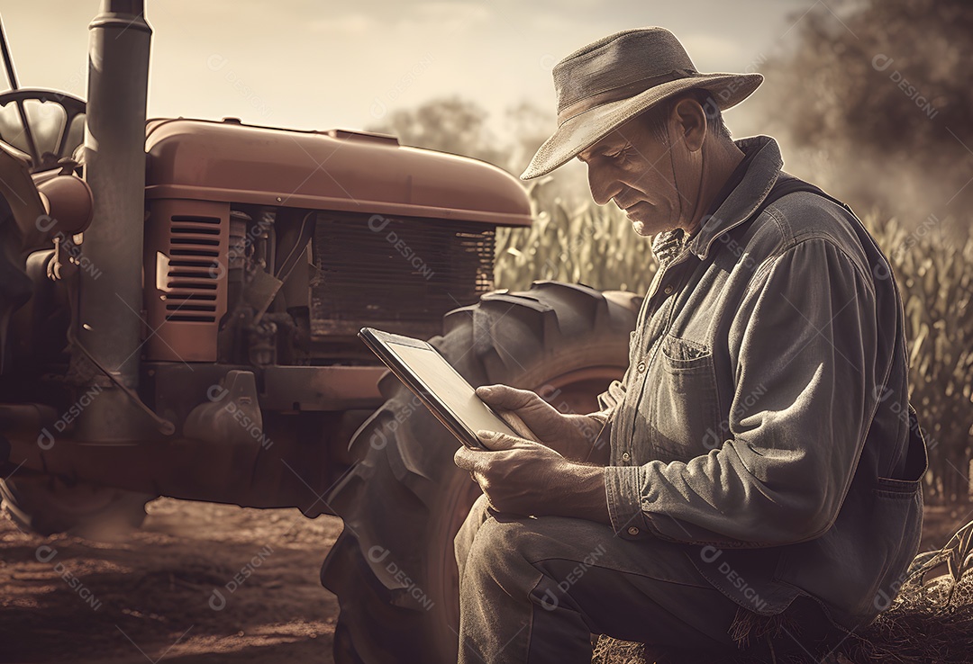 Homem agricultor sobre lavoura