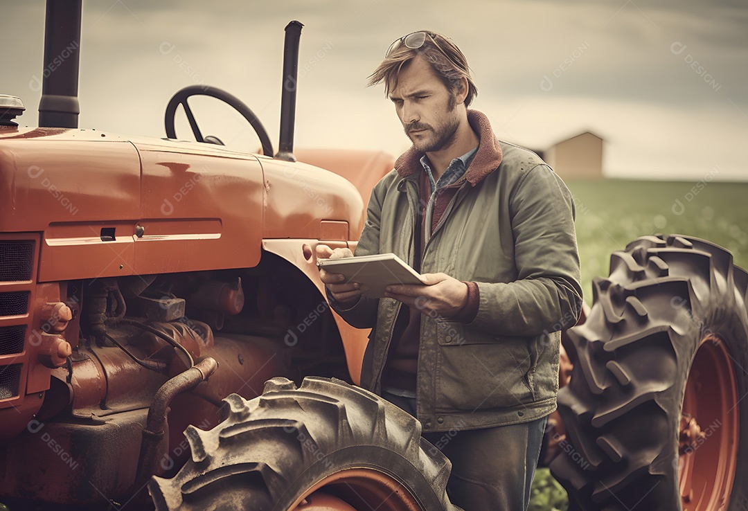 Homem agricultor sobre lavoura