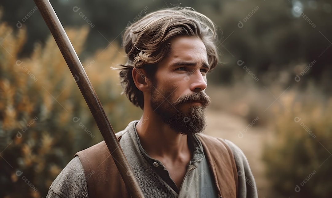 Homem agricultor sobre lavoura