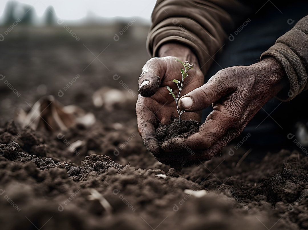 Homem agricultor sobre lavoura