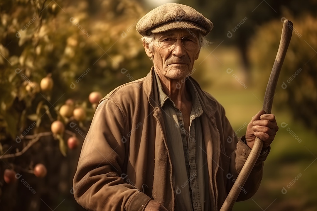 Homem agricultor sobre lavoura