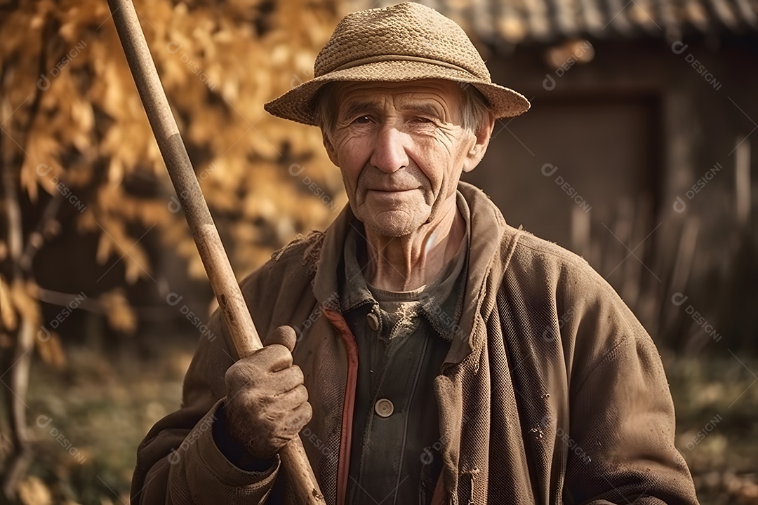 Homem agricultor sobre lavoura