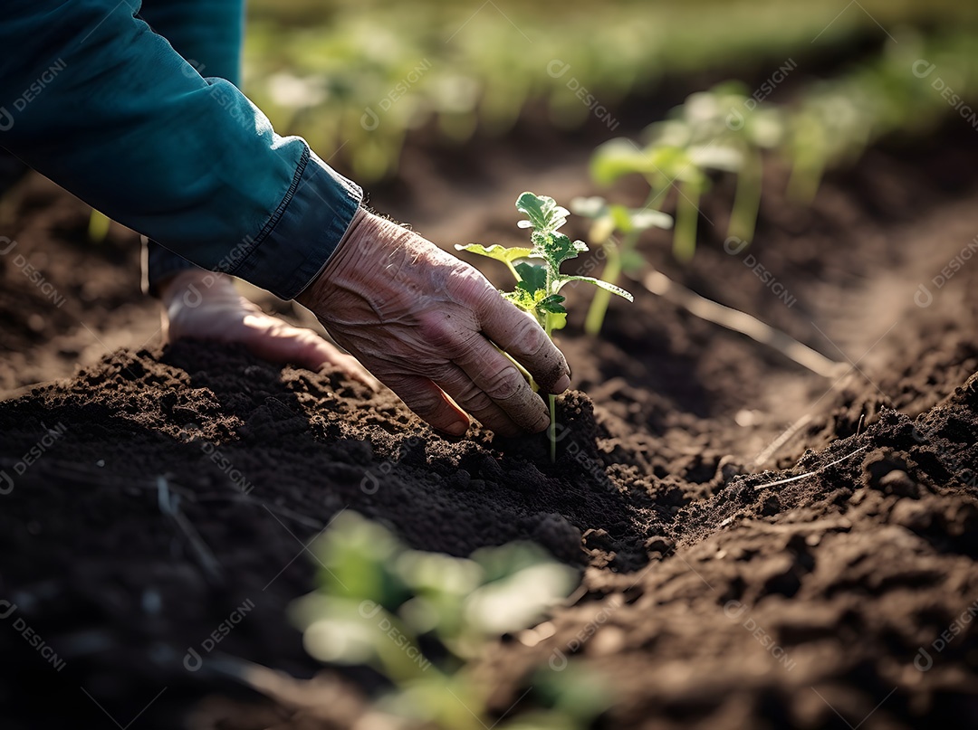 Homem agricultor sobre lavoura