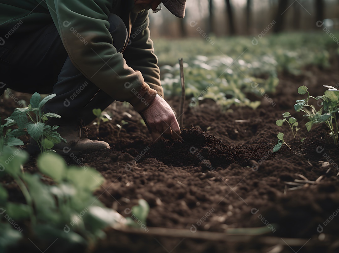 Homem agricultor sobre lavoura