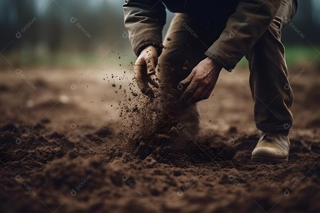 Homem agricultor sobre lavoura