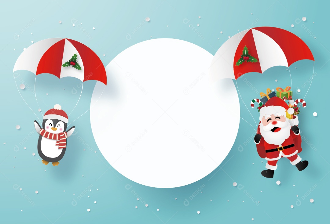 Arte de Papel Origami de Papai Noel e Pinguim Faz Um Salto de Paraquedas Com Espaço Em Branco Vetor EPS