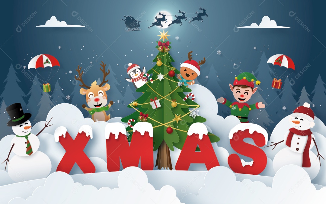 Arte de Papel Origami da Festa de Natal Com Personagem de Natal na Floresta Vetor EPS