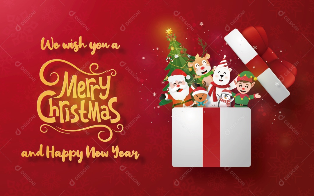 Banner de Cartão Postal de Natal Com Papai Noel e Personagem Fofa Em Uma Caixa de Presente Vetor EPS