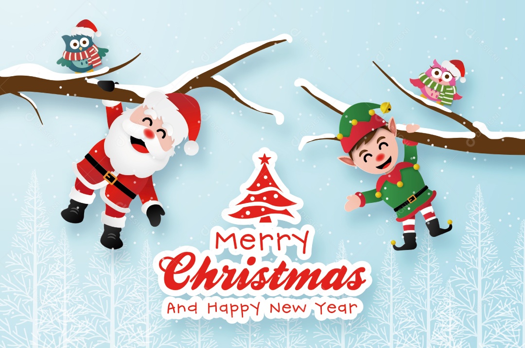 Arte Em Papel do Cartão Postal Papai Noel e Elfo Pendurado no Galho Vetor EPS