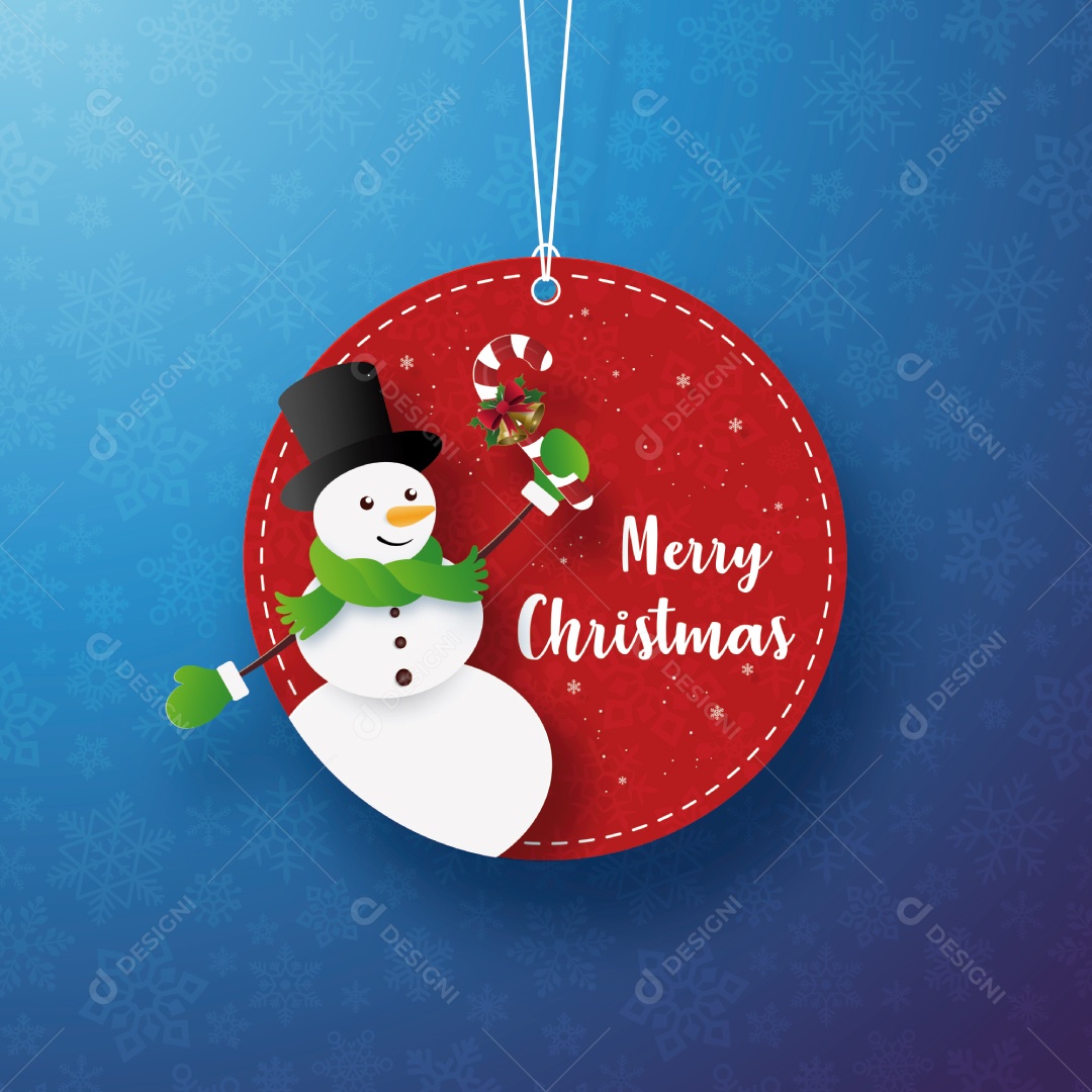 Arte de Papel do Banner de Etiqueta de Círculo de Boneco de Neve de Natal e Corda Pendurada Em Fundo de Floco de Neve Azul Vetor EPS