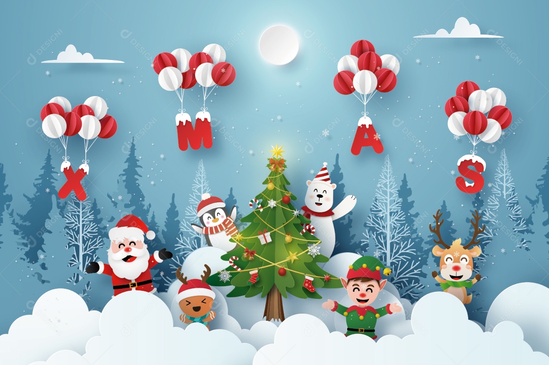 Arte de Papel Origami de Papai Noel e Personagem de Desenho Animado Fofo na Festa de Natal Com Balão de Natal Vetor EPS