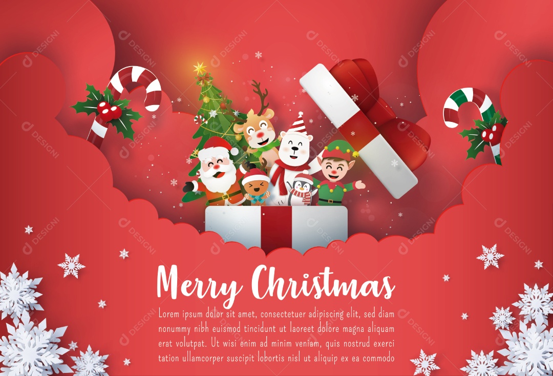 Arte de Papel Origami do Banner de Cartão Postal de Natal Papai Noel e Personagem de Desenho Animado Bonito na Caixa de Presente Vetor EPS