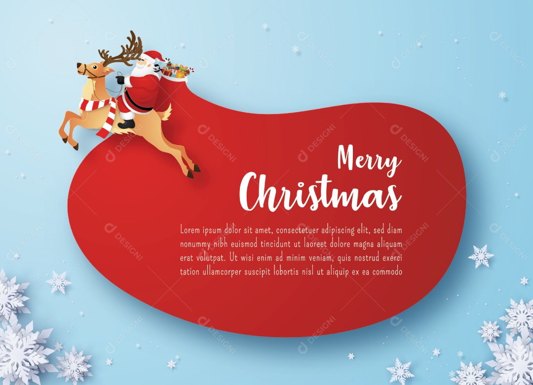 Arte de Papel Origami de Papai Noel e Renas Com Enorme Saco de Presente Vermelho Sobre Fundo Azul Vetor EPS