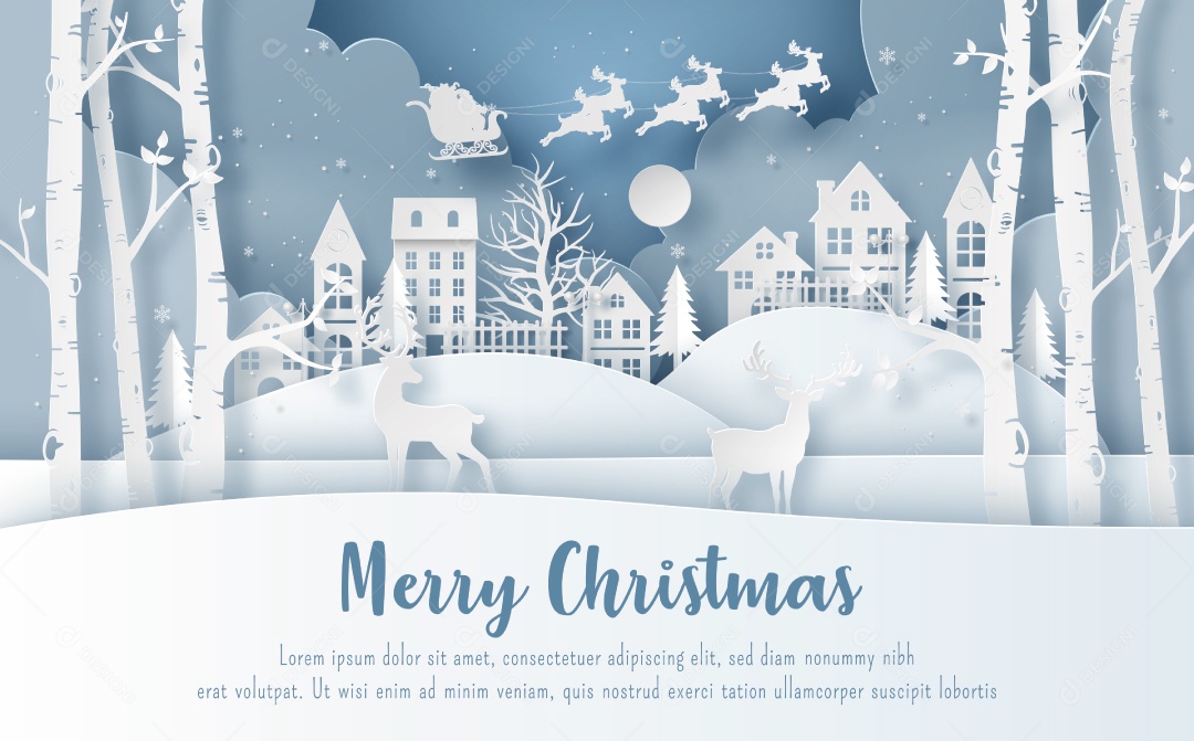 Estilo de Arte de Papel Origami, Papai Noel na Aldeia no Dia de Natal Vetor EPS