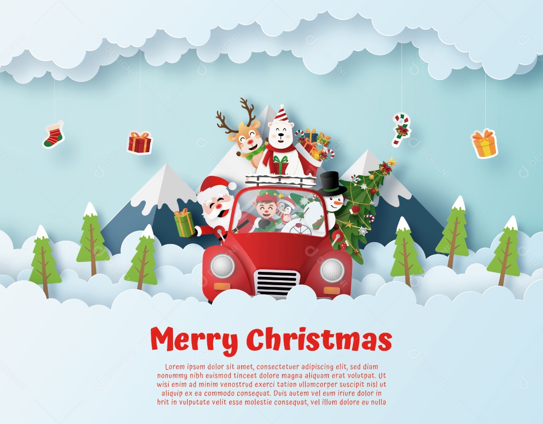 Cartão Postal de Papel Origami de Papai Noel e Amigo Dirigindo Carro Vermelho de Natal no Céu Vetor EPS