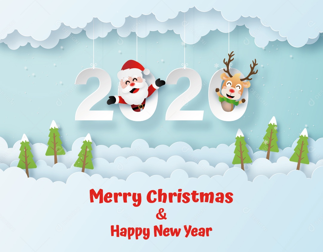 Arte de Papel Origami de Papai Noel e Renas na Palavra Pendurada no Céu Vetor EPS