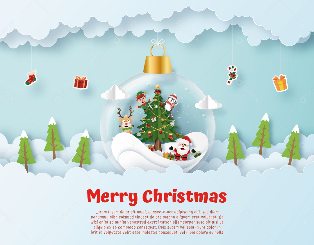 Arte de Papel Origami de Papai Noel e Amigo Em Pendurar a Bola de Natal no Céu Vetor EPS