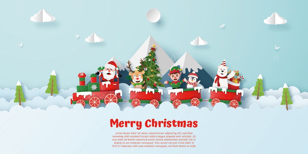 Cartão Postal da Festa de Natal no Trem Com Papai Noel e Personagem de Natal na Montanha Vetor EPS