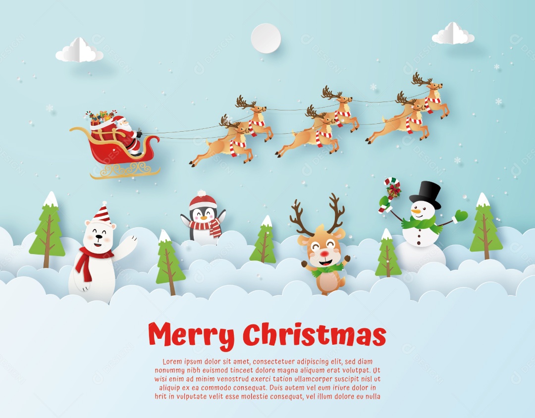 Cartão Postal da Festa de Natal Com Papai Noel no Céu Vetor EPS