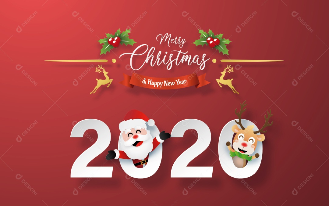 Arte de Papel Origami de Celebração de Natal e Feliz Ano Novo Com Papai Noel e Renas Em Fundo Vermelho Vetor EPS