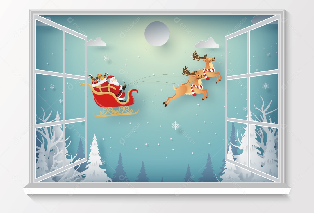 Arte de Papel Origami de Papai Noel no Dia de Natal Fora da Janela Vetor EPS