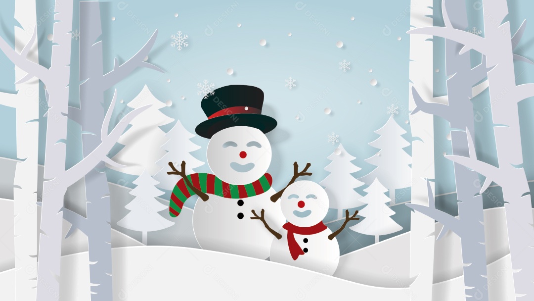 Ilustração da Arte de Papel e Estilo de Artesanato Boneco de Neve na Floresta de Pinheiros Com Queda de Neve Vetor EPS