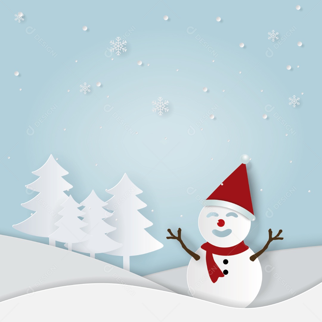 Ilustração da Arte de Papel e Estilo de Artesanato Boneco de Neve na Floresta de Pinheiros Com Queda de Neve Vetor EPS