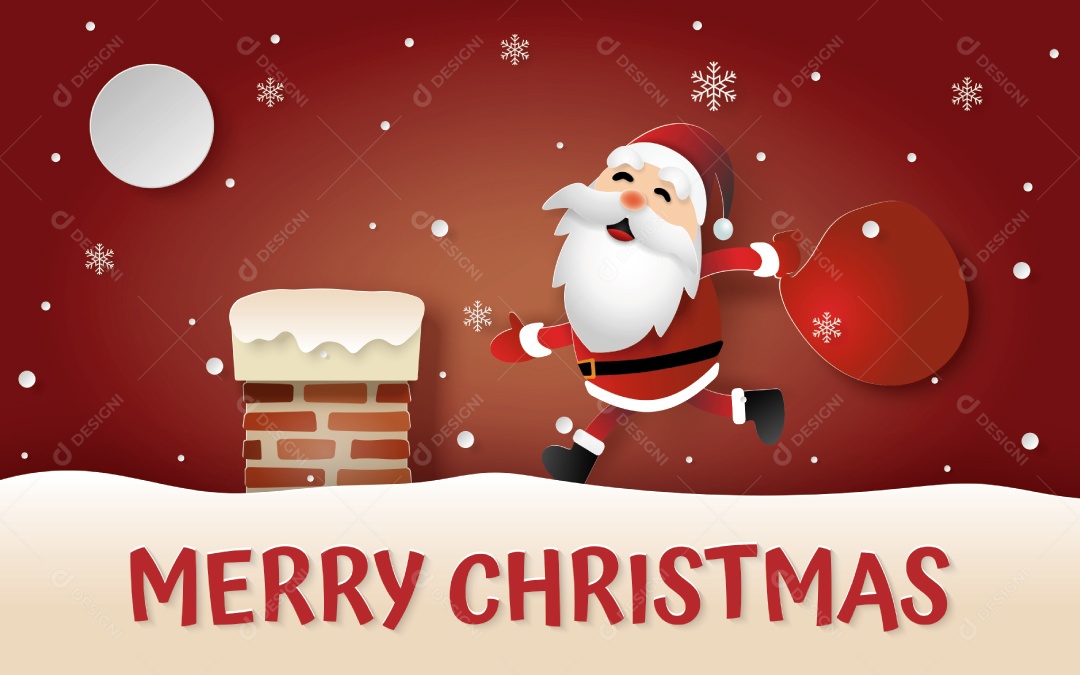 Estilo Artesanal de Chaminé no Telhado Papai Noel e Renas Chegando à Vila para Dar Um Presente Às Crianças Com Neve Vetor EPS