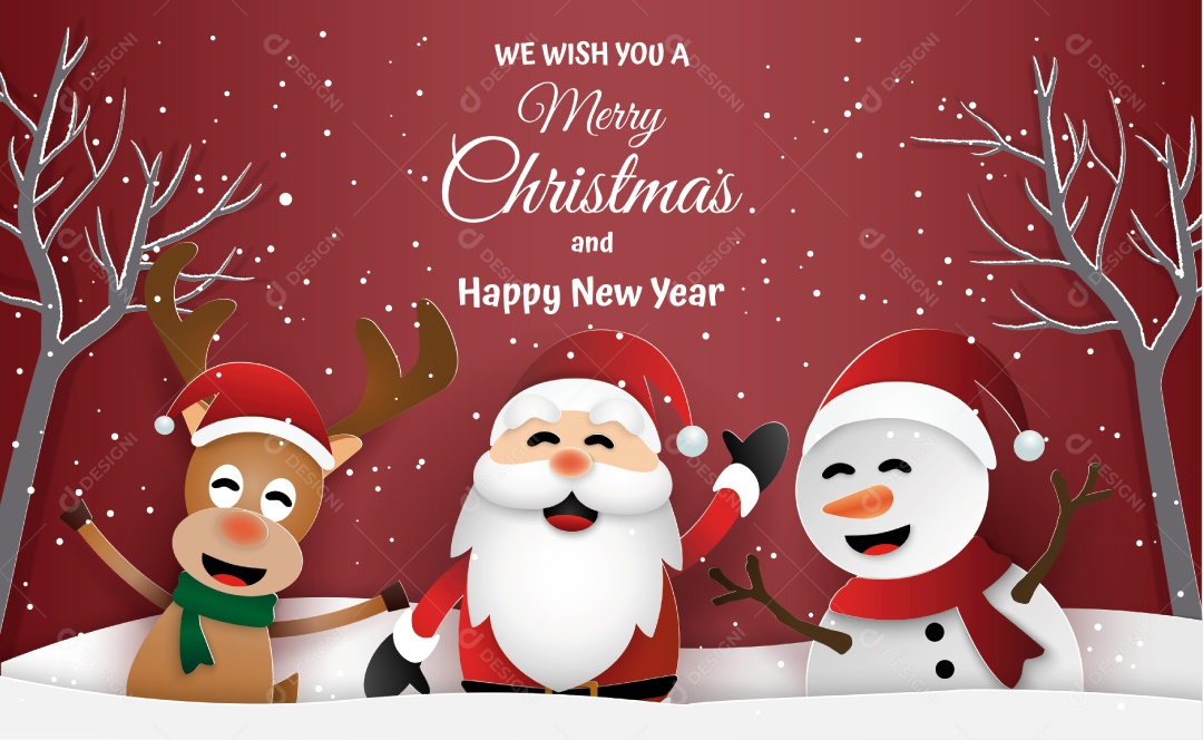 Estilo Artesanal de Papai Noel Boneco de Neve e Renas na Temporada de Inverno Vetor EPS