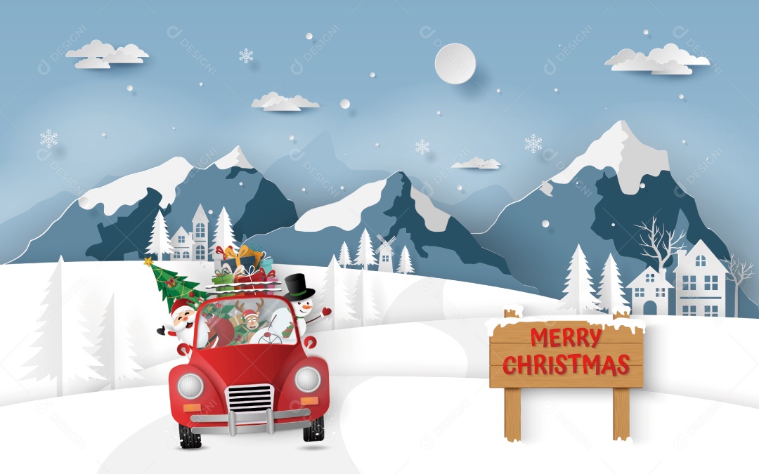 Estilo Artesanal de Papai Noel e Amigos Em Carro Vermelho Dirigindo Pela Vila Vetor EPS