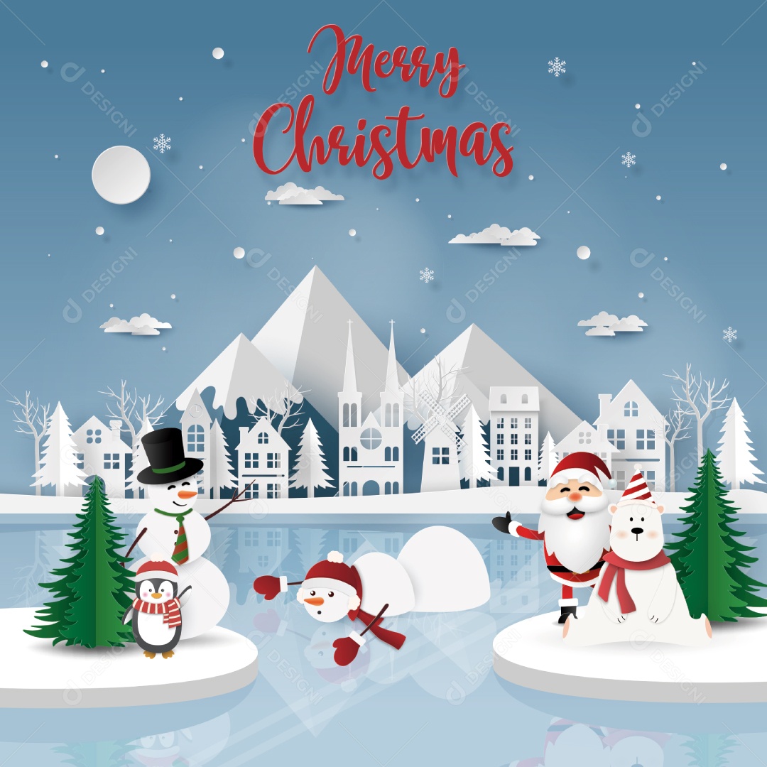 Estilo Artesanal de Festa de Natal Com Papai Noel e Amigos no Chão de Gelo da Cidade Vetor EPS