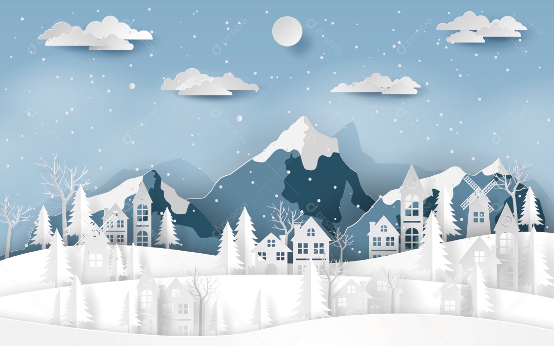 Estilo Artesanal da Aldeia Rural de Paisagem no Vale de Neve na Temporada de Inverno Vetor EPS