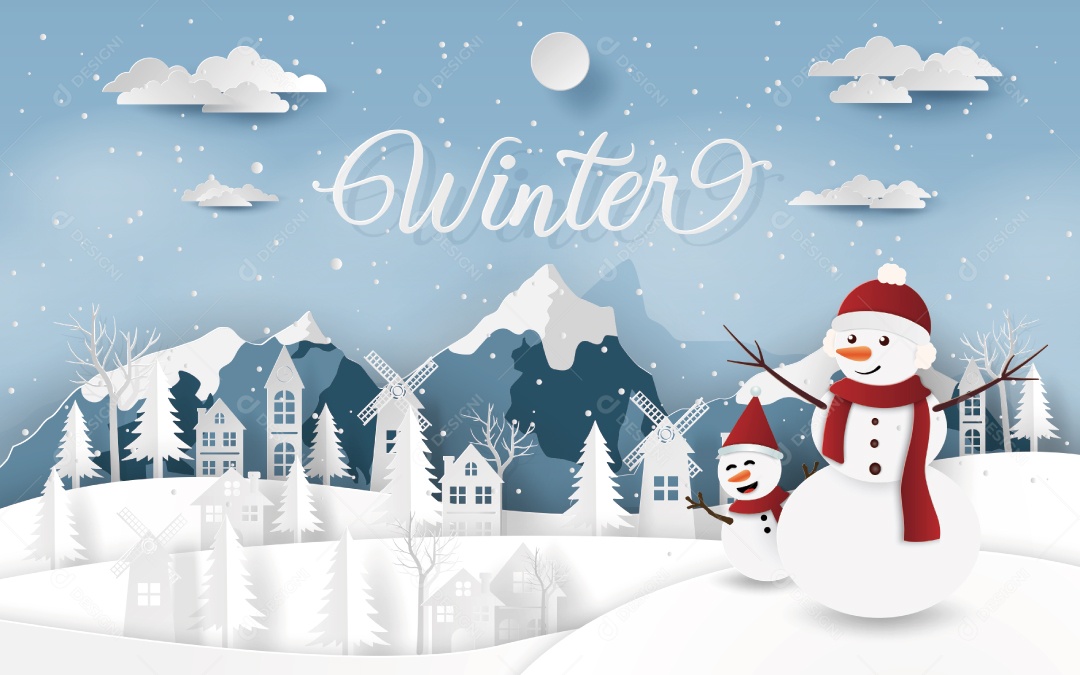 Estilo Artesanal de Boneco de Neve na Aldeia Rural no Vale de Neve na Temporada de Inverno Vetor EPS