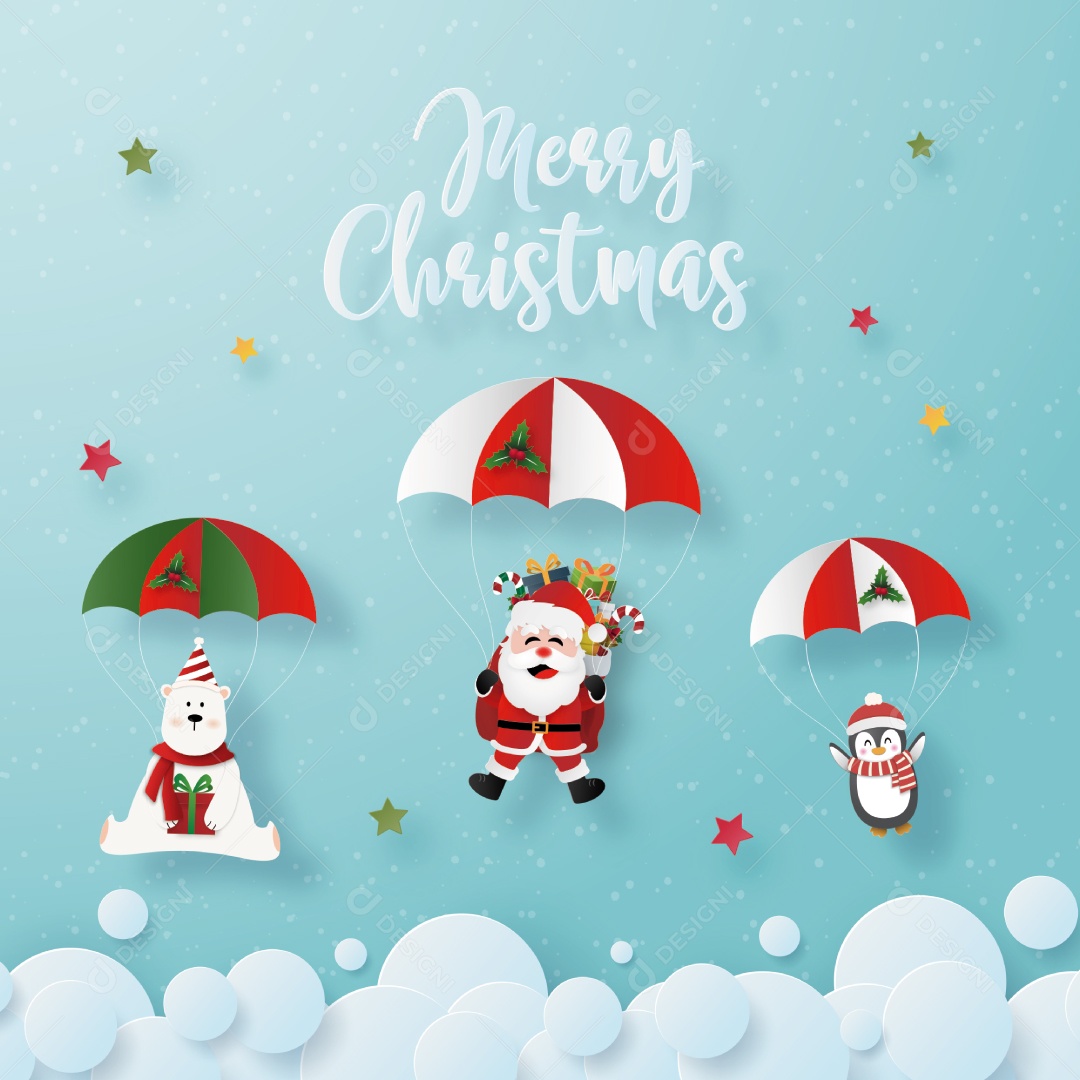 Arte de Papel Origami de Papai Noel e Personagens de Natal Um Salto de Páraquedas no Céu Vetor EPS