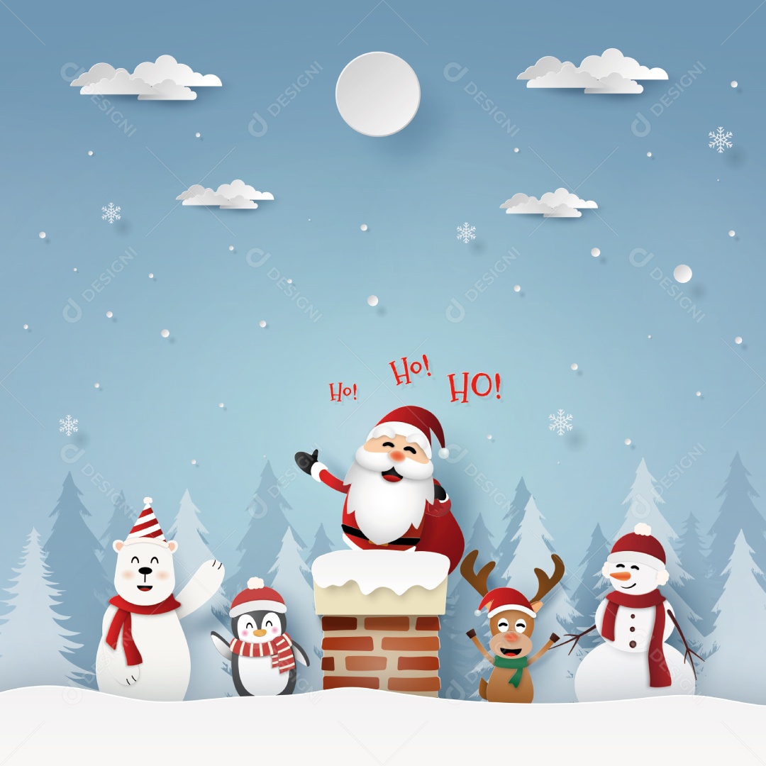 Estilo Artesanal de Papai Noel e Amigos no Telhado Com Chaminé Vetor EPS