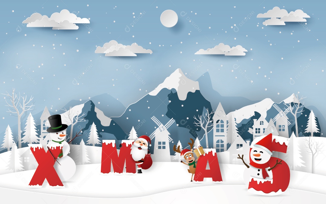 Arte Em Papel Estilo Artesanal de Papai Noel e Amigos Com a Palavra Xmas na Zona Rural da Vila Vetor EPS