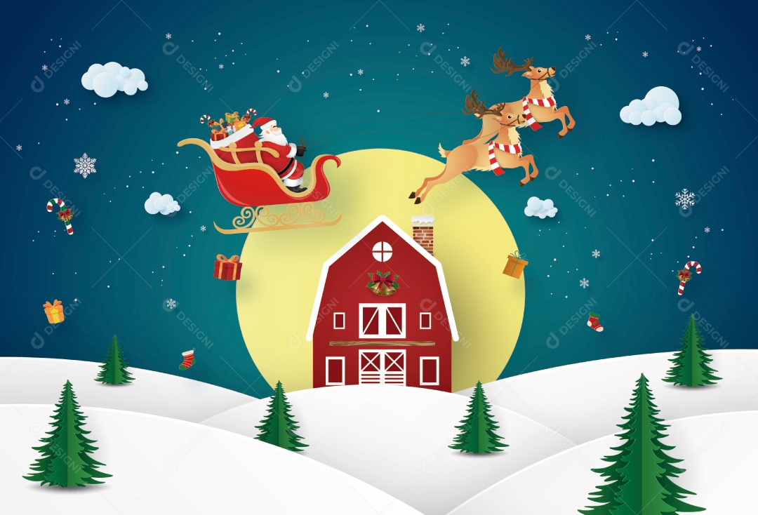 Arte de Papel Origami de Grandes Presentes na Floresta de Pinheiros Com Queda de Neve Vetor EPS