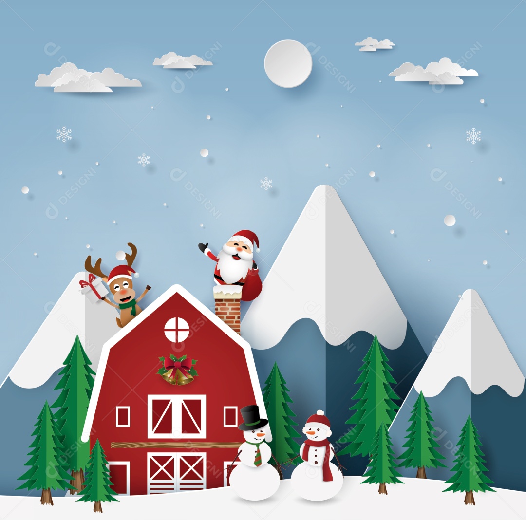 Estilo Artesanal da Festa de Natal Com Papai Noel na Casa Vermelha Vetor EPS